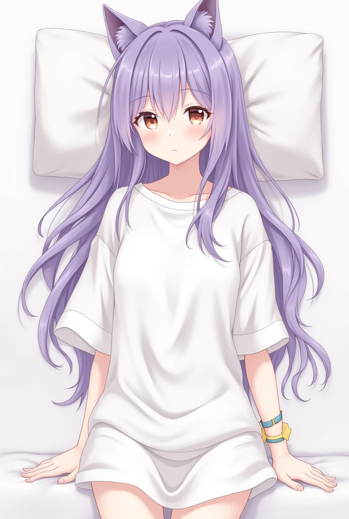 Make an anime picture with long purple hair, flat chest, sharp eyes, wearing a white oversize T-shirt and a minimalistic white skirt, with a cute face, and wearing cat ear bracelets, his face is plain, and he is sleeping happily.