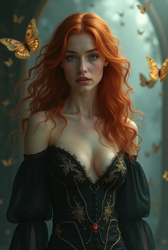 (solo, full body photo:1.3), (action packed:1.3), (haze, fog, mist:1.3), chiaroscuro, best quality, photorealistic, 1woman, (cute), (18yo:1.2), redhead, long ginger hair highly detailed, 1700'S, digital photography, art by artgerm and ruan jia and greg rutkowski surreal painting gold butterfly filigree, broken glass, (masterpiece, sidelighting, finely detailed Fashionable eyes: 1.2) (perfect oval large eyes that gazes at the viewer), beautiful detailed face, blue gorgeous perfect eyes, topless with DDD breasts, (blonde hair ponytail), (attractive young woman:1.3), (thick amazing hair), (seductive:1.1), (blushing:1.1)