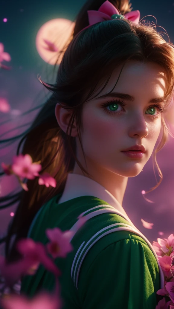 a beautiful sailor jupiter, detailed facial features, piercing green eyes, rosy lips, long eyelashes, brunette hair in a ponytail, sailor green uniform with a pink bow, portrait in a magical fantasy landscape, colorful flowers, glowing moon in the night sky, dramatic lighting, cinematic composition, high quality, 8k, intricate details, vibrant colors, digital art, concept art style