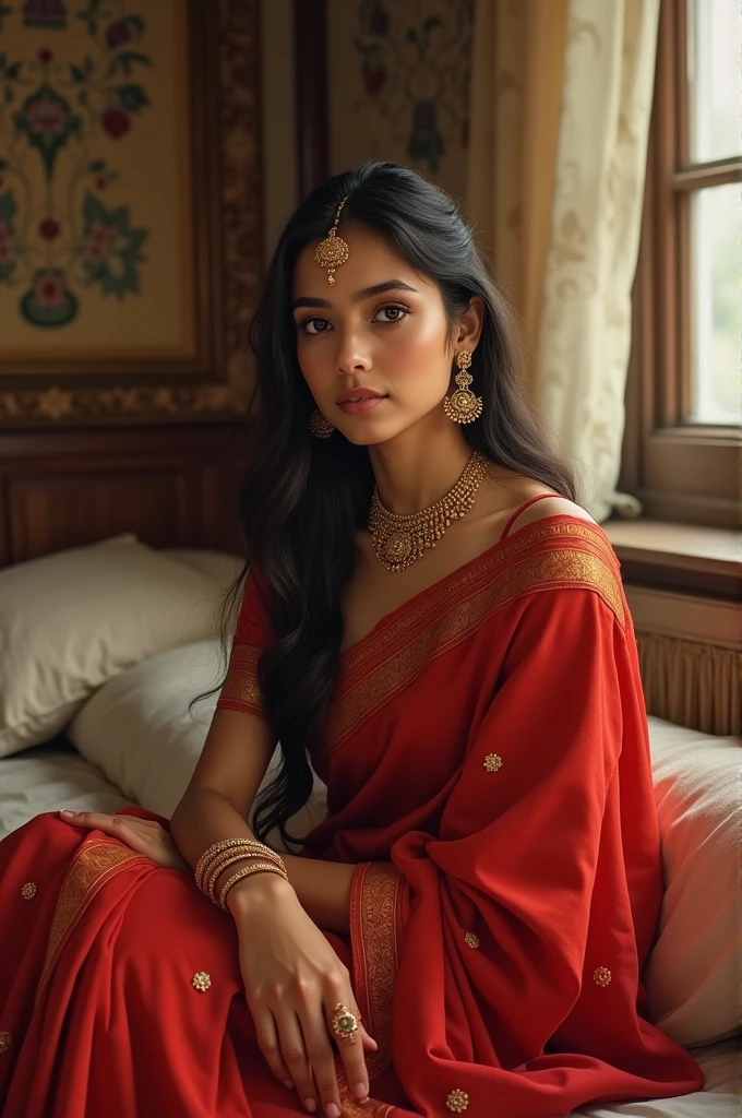 A gorgeous indian girl sitting in a big chair and behind the wall written "Sushrita Shetty"