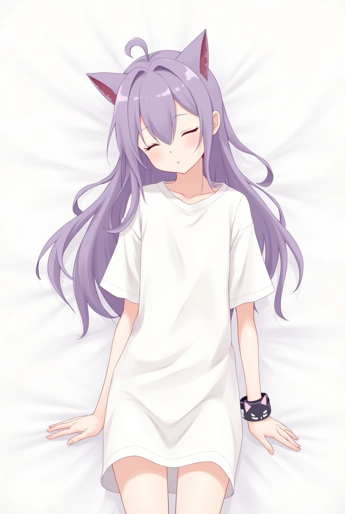 Create an anime picture with long purple hair, flat chest, sharp eyes, wearing a white oversize T-shirt and a minimalistic white skirt, with a cute face, and wearing a bracelet with cat ears, his face is plain, in a sleeping and delirious pose