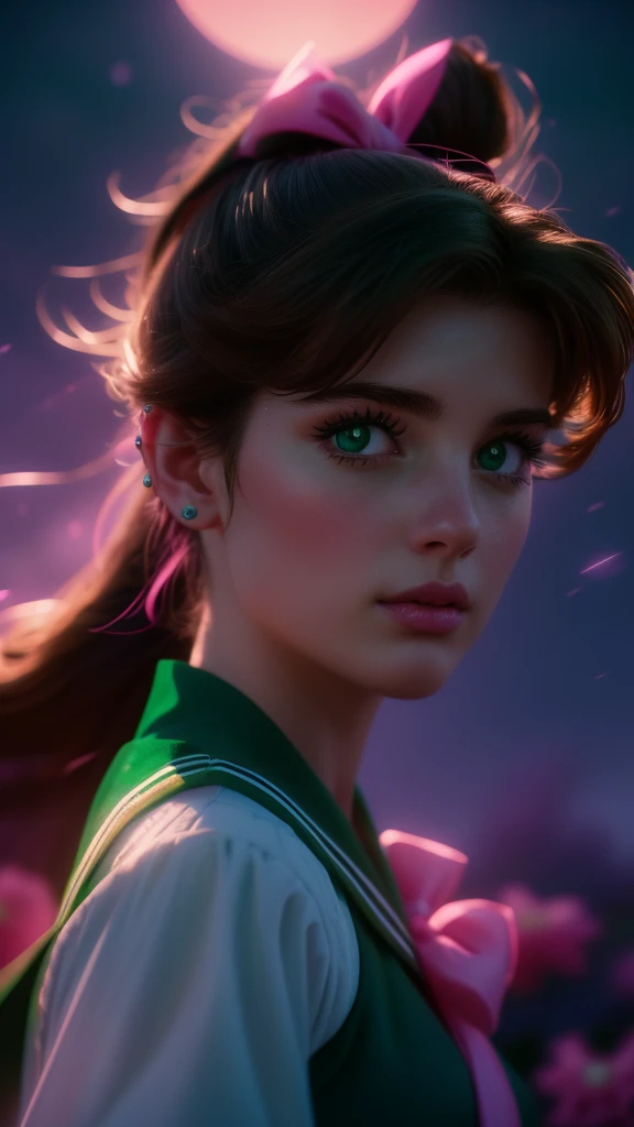 a beautiful sailor jupiter, detailed facial features, piercing green eyes, rosy lips, long eyelashes, brunette hair in a ponytail, sailor green uniform with a pink bow, portrait in a magical fantasy landscape, colorful flowers, glowing moon in the night sky, dramatic lighting, cinematic composition, high quality, 8k, intricate details, vibrant colors, digital art, concept art style