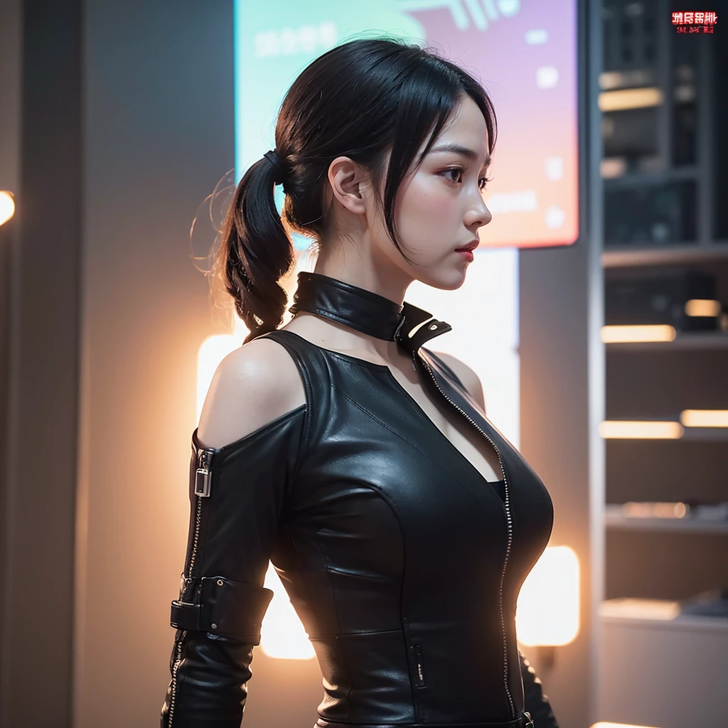 Cyberpunk style，17-year-old Chinese girl，Single ponytail，Sexy body，Full chest type，Wearing high-tech cool tight combat clothing