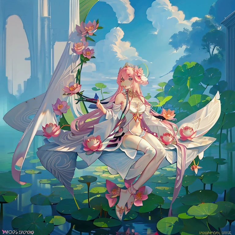 there is a pink flower floating in a pond of water, waterlily mecha nymphaea, standing gracefully upon a lotus, sitting on a lotus flower, with lotus flowers, 🌺 cgsociety, lotus flower, with bloom ethereal effects, pink lotus queen, lotus pond, lotus flowers, lotus, glowing delicate flower, lotuses, dreamy psychedelic anime