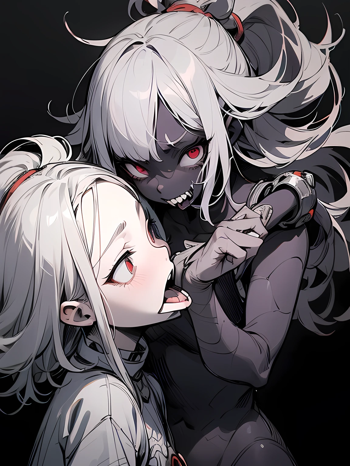 thigh up, portrait, (best quality, detailed drawn hands, realistic fingers), (masterpiece, sidelighting, finely detailed beautiful eyes: 1.2), ((Best quality)), ((masterpiece)), (highly detailed:1.3), anime, young girl, hands is hidden, sticky body, melting, dripping with goo drops, black body color, black skin, (shadow cast on eyes, darkened eyes, red eyes) , (smirk, evilish smile, mischevious smile) , (very long hair, black hair, fancy haircut) , (hands covered in red slime, red hands, red colored arms), (girl is wearing red stockings, solo, red colored legs, red pantyhose), covered in slime, dripping, sitting in puddle of goo, submerged in goo, no clothes, no legs, open mouth, slimy tongue,