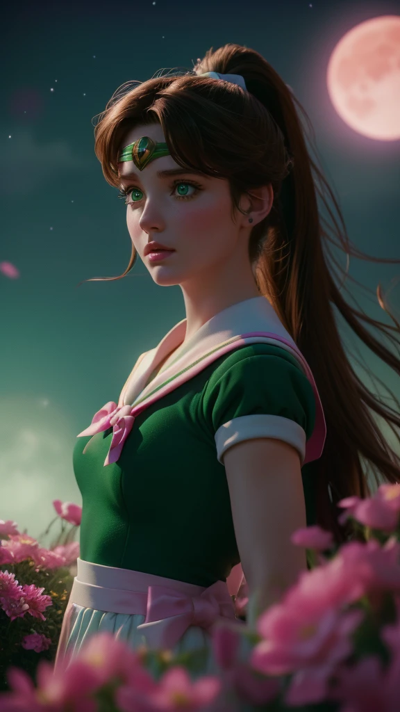 a beautiful sailor jupiter, detailed facial features, piercing green eyes, rosy lips, long eyelashes, brunette hair in a ponytail, sailor green uniform with a pink bow, portrait in a magical fantasy landscape, colorful flowers, glowing moon in the night sky, dramatic lighting, cinematic composition, high quality, 8k, intricate details, vibrant colors, digital art, concept art style