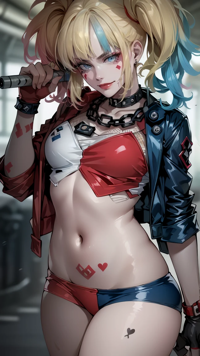 Harley Quinn from Suicide Squad, slim body, short hair, erotica, gun in hand, at full height (body full 1.1.), smile with a grin, Scream, sexy eyes, foreground, I look at the viewer, 8 k, high quality , very detailed eyes, elongated face, Cyberrealism, beautiful eyes, Realistic, high quality, thick, portrait, beautiful eyes , silky hair, slim body, hair on one side, Hot lips, Eyes are the same size, young face, high legs, very detailed eyes, shiny body, tattoos, pink hair, detailed eyes, freckles, Eyes of the same color,  sexual, face to face,  SPLIT, visible navel,