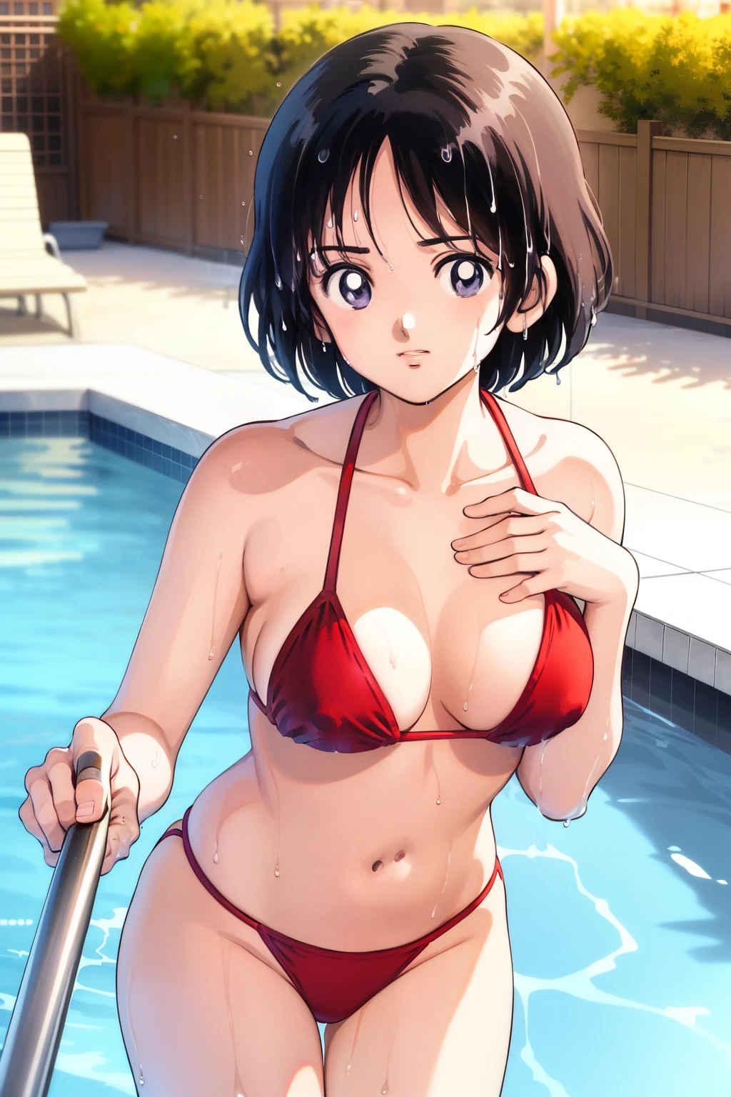 Highest quality、Realistic、、Japanese、zoom、Primary school students、cute、Grey Eyes、Black Hair、short hair、Pink Bikini、Bust Shot、thin、Small breasts、Pouting、Pool