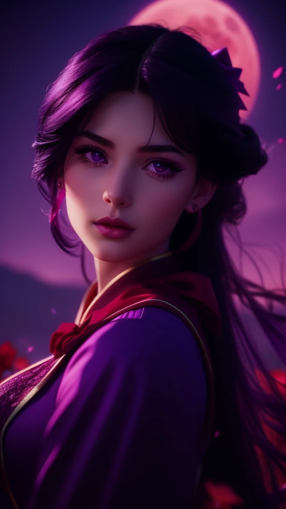 a beautiful sailor mars, detailed facial features, piercing purple eyes, rosy lips, long eyelashes, purple hair , sailor red uniform with a purple bow, portrait in a red magical fantasy landscape, colorful flowers, glowing moon in the night sky, dramatic lighting, cinematic composition, high quality, 8k, intricate details, vibrant colors, digital art, concept art style