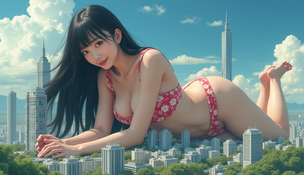 A Korean woman wearing a red bikini, Height is 10,000,000 kilometers, Nano-Mini Endless City in the Micron Endless Continent World, She kneels on top of many nanoscale structures much smaller than herself, she feels happy and enjoys