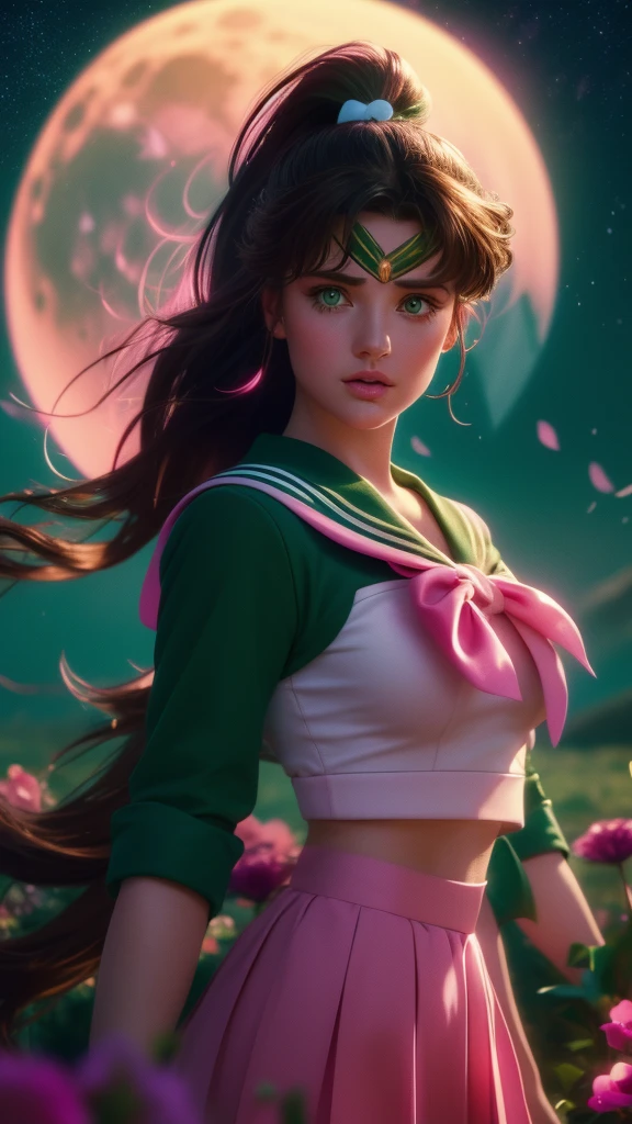 a beautiful sailor jupiter, detailed facial features, piercing green eyes, rosy lips, long eyelashes, brunette hair in a ponytail, sailor green uniform with a pink bow, portrait in a magical fantasy landscape, colorful flowers, glowing moon in the night sky, dramatic lighting, cinematic composition, high quality, 8k, intricate details, vibrant colors, digital art, concept art style