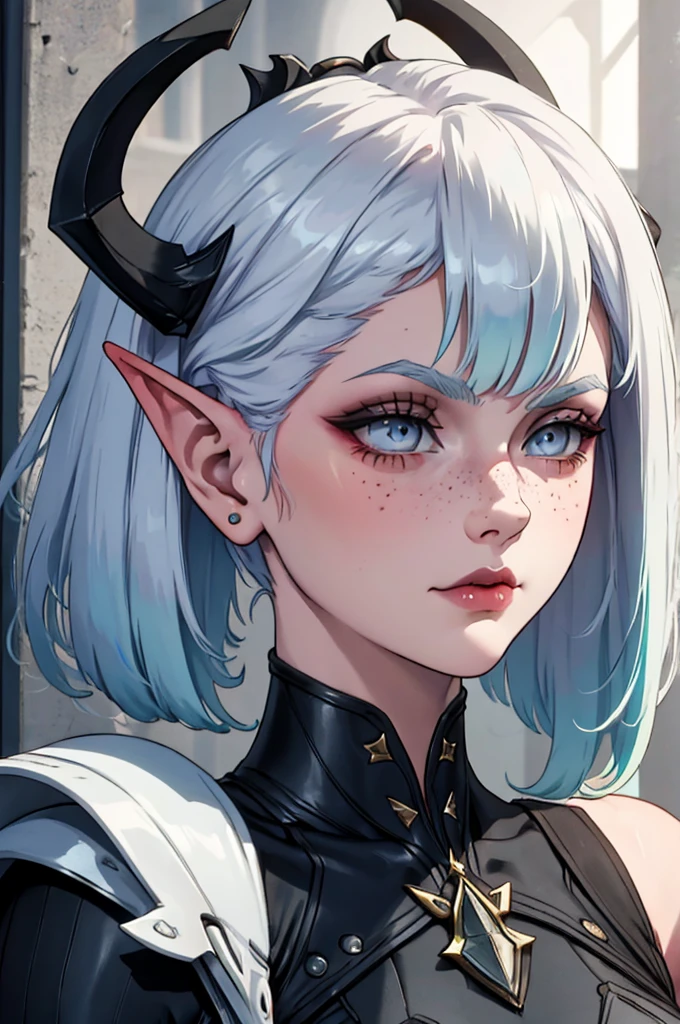 a close up of a female, pastel goth, portrait, big elf girl with freckles, light grey eyes, pointy ears, freckles, many freckles on face, white horns, dark aesthetic, unreal 5. rpg portrait, 8k portrait render, unreal engine 5, beautiful female elf, unreal engine character art, female character, female lead character, there is a woman in a black leather outfit posing for a picture, gorgeous goddess