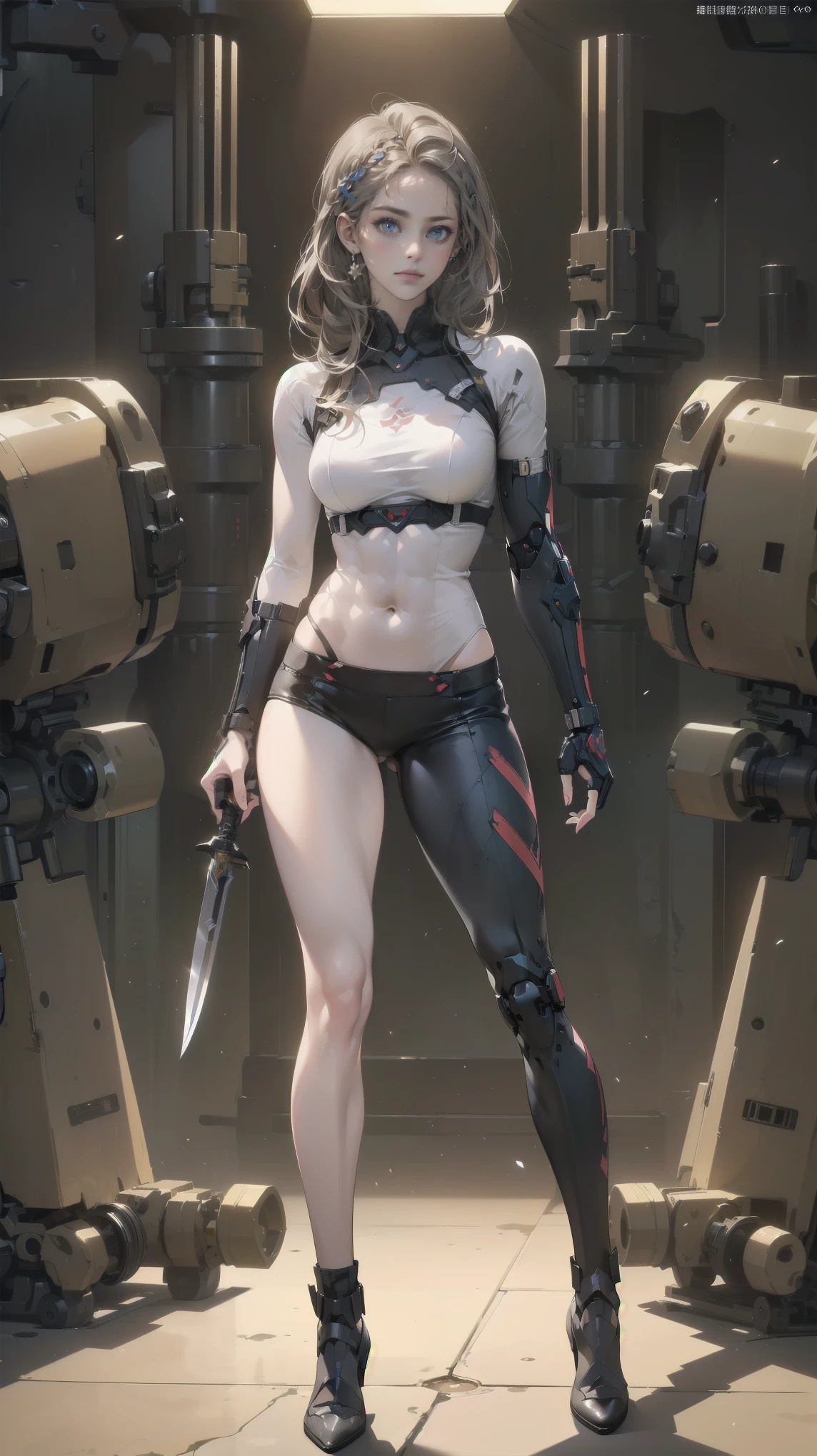 ((best qualtiy)), ((tmasterpiece)), (The is very detailed:1.3), sci-fi mech, Beautiful cyberpunk woman wearing mech,Bare with thighs,Wear mecha-style boots,Bare shoulders and upper arms,Mecha-style gloves,Bare abdomen and navel,pleatedskirt,lean legs,Carry a weapon,Wear black stockings,Broken stockings, hdr(HighDynamicRange), Ray traching, NVIDIA RTX, Hyper-Resolution, Unreal 5, sub surface scattering, PBR Texture, post-proces, Anisotropic filtering, depth of fields, Maximum clarity and sharpness, Many-Layer Textures, Albedo e mapas Speculares, Surface coloring,Accurately simulate light-material interactions,perfectly proportions,rendering by octane,twotonelighting,Low ISO,White balance,trichotomy,Wide aperture,8K raw data,High-Efficiency Sub-Pixel,sub-pixel convolution,Luminous Particle,Light scattering,Tyndall effect