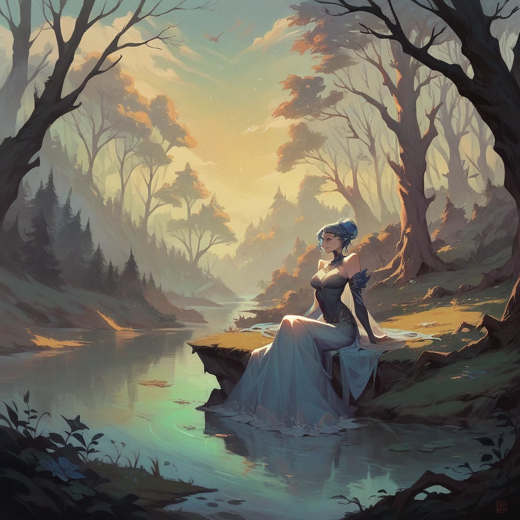 Blue light sunset, beautiful nymph coming out of the trees, magical lake, nightfall, dark art 