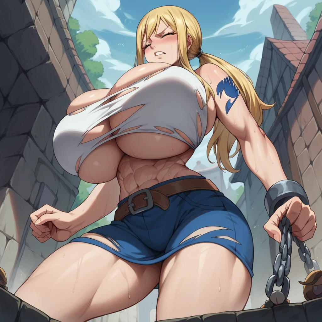 Massive breasts, {Ultra gigantic breasts} massive cleavage, mature, hot and sweaty, dungeon, giantess, toned abs, muscular, lucy, fairy tail, in chains, ripped and torn prisoner clothes, orgasm