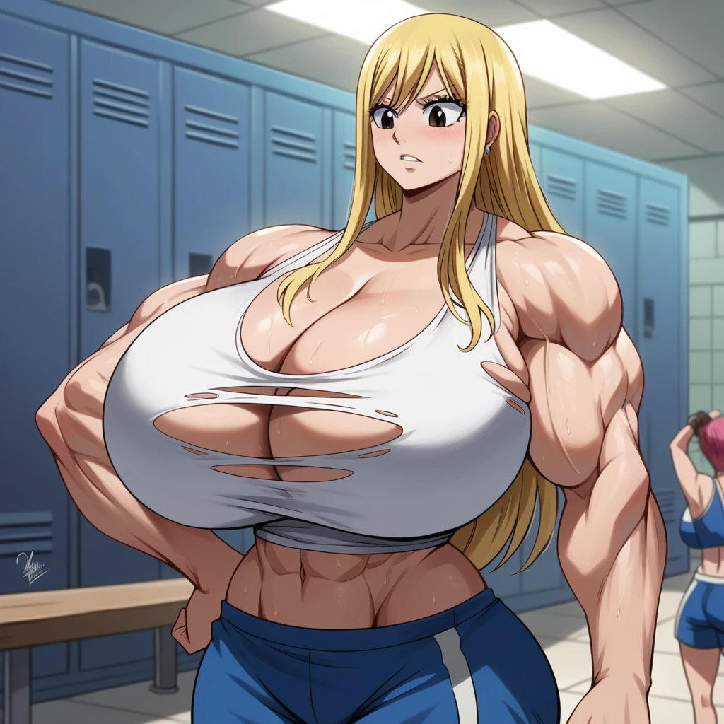 ripped clothing, sweating in a locker room, giantess from the anime Fairy Tail, long hair flowing, (best quality,4k,8k,highres,masterpiece:1.2),ultra-detailed,ultra gigantic breasts,massive cleavage,huge muscles,large biceps, Lucy, 