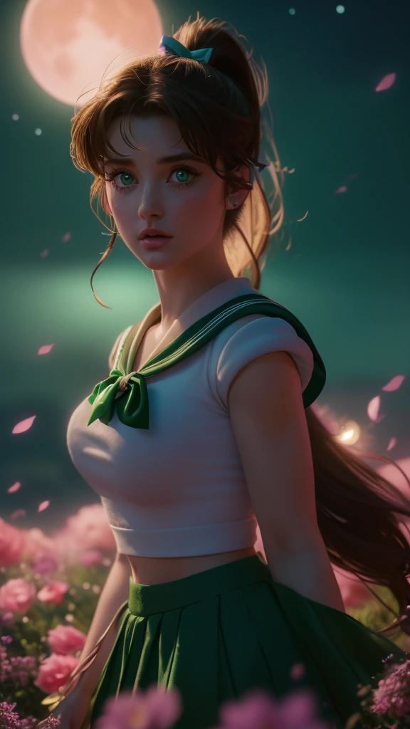 a beautiful sailor jupiter, detailed facial features, piercing green eyes, rosy lips, long eyelashes, brunette hair in a ponytail, sailor green uniform with a pink bow, portrait in a magical fantasy landscape, colorful flowers, glowing moon in the night sky, dramatic lighting, cinematic composition, high quality, 8k, intricate details, vibrant colors, digital art, concept art style