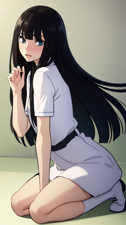 ((best quality)),((highly detailed)),masterpiece,absurdres,detailed face,beautiful face,((detailed eyes, deep eyes)),((dynamic pose)), sawako, 1femboy, girly, otokonoko, transgender, femboy, black hair, solo, long hair, bangs, black eyes, blunt bangs, blush,looking at viewer, open mouth, hime cut, white t-shirt, black miniskirt, white socks, black shoes, full body, femboy, transgender, otokonoko, sexy