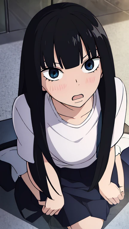 ((best quality)),((highly detailed)),masterpiece,absurdres,detailed face,beautiful face,((detailed eyes, deep eyes)),((dynamic pose)), sawako, 1femboy, girly, otokonoko, transgender, femboy, black hair, solo, long hair, bangs, black eyes, blunt bangs, blush,looking at viewer, open mouth, hime cut, white t-shirt, black miniskirt, white socks, black shoes, full body, femboy, transgender, otokonoko, sexy