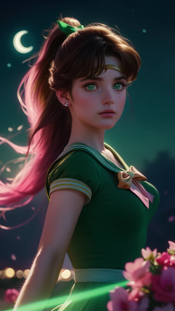 a beautiful sailor jupiter, detailed facial features, piercing green eyes, rosy lips, long eyelashes, brunette hair in a ponytail, sailor green uniform with a pink bow, portrait in a magical fantasy landscape, colorful flowers, glowing moon in the night sky, dramatic lighting, cinematic composition, high quality, 8k, intricate details, vibrant colors, digital art, concept art style