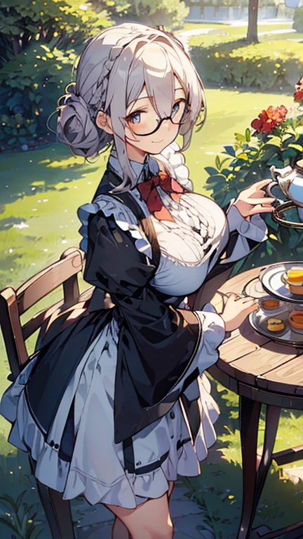 (best quality, masterpiece), (ultra high resolution, 8K RAW photo, photo realistics:1.5, textile shading, thin outline, clear focus:1.2), Beautuful Matured woman preparing tea-time in the garden, standing by the round table, (tea set, tea pot, tea cups, some cakes on dish), classy art deco style table, wearing light_brown maid uniform, breast cleavage, maid costume:1.2, long flare skirts, apron, bow ties on thechest, long tall sally, long legs, long white hair, (wearing thin-flame glasses:1.2), (milf:1.5, 28 years old, solo), (large breast, sagging breast, big tits, narrow waist), (medium short white hair, hair over one eye, (updo hair:1.2), side lock, asymmetric hair, wavy hair), (bright pupils, detailed eyes, high detailed face, Perfect face shape, eye rush), (seductitve smiling, half-closing eyes), (looking at viewers:1.3), (dynamic angle, full body, from above:1.2), ((correct anatomy:1.5, correct hands)), (ideal ratio of body proportions), (outdoor:1.2, grass field),
