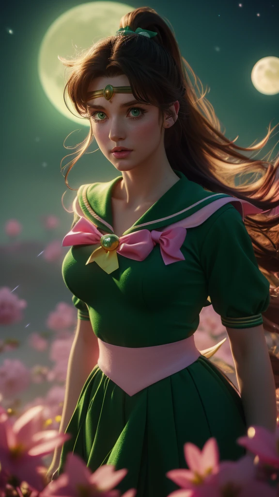 a beautiful sailor jupiter, detailed facial features, piercing green eyes, rosy lips, long eyelashes, brunette hair in a ponytail, sailor green uniform with a pink bow, portrait in a magical fantasy landscape, colorful flowers, glowing moon in the night sky, dramatic lighting, cinematic composition, high quality, 8k, intricate details, vibrant colors, digital art, concept art style