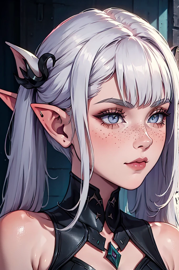 a close up of a female, pastel goth, portrait, big elf girl with freckles, light grey eyes, pointy ears, freckles, many freckles on face, white horns, dark aesthetic, unreal 5. rpg portrait, 8k portrait render, unreal engine 5, beautiful female elf, unreal engine character art, female character, female lead character, there is a woman in a black leather outfit posing for a picture, gorgeous goddess