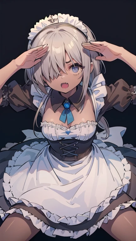 (masterpiece:1.2), (highest quality:1.2), perfect eyes, perfect face, perfect lighting, middle ages, prison, blonde　aqua eye, ((((((hair over one eye)))))), Braid Styles, spiked hair, blunt bangs, long hair, a braid, Ahoge, ((((gothic maid)))), cute eyes, medium breast, glaring, open mouth, ((from above)), ((front)), arms behind back, wariza, ((spread legs)), orgasm, scared, , ahegao, smile+happy, fang, spoken heart, (((brown skin))), salute, большая девушка 