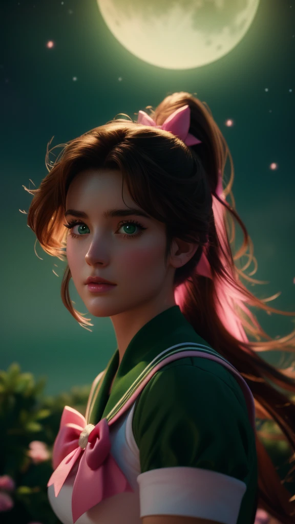 a beautiful portrait of sailor jupiter, detailed facial features, piercing green eyes, rosy lips, long eyelashes, brunette hair in a ponytail, sailor green uniform with a pink bow, portrait in a magical fantasy landscape, colorful flowers, glowing moon in the night sky, dramatic lighting, cinematic composition, high quality, 8k, intricate details, vibrant colors, digital art, concept art style