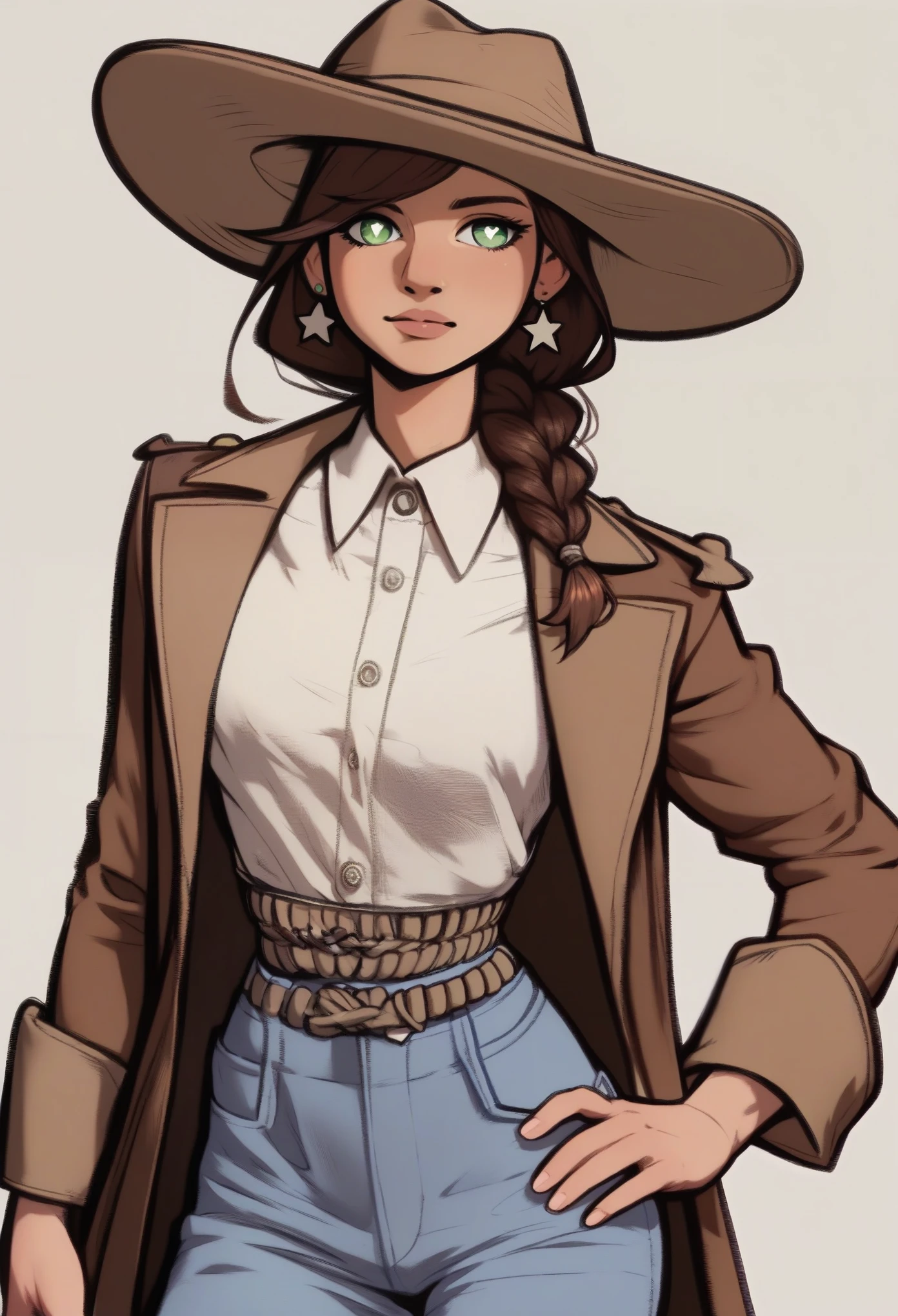 score_9, score_8_up, score_7_up, score_6_up, score_5_up, score_4_up, score bone nig,1girl, brown hair in braid over shoulder, green eyes, star shaped white pupils, brown fedora, brown waist coat and white shirt, light blue pants, cowboy boots, blue earrings, tipping hat, one hand on hip, swept bangs, warm shadows, realistic anatomy
