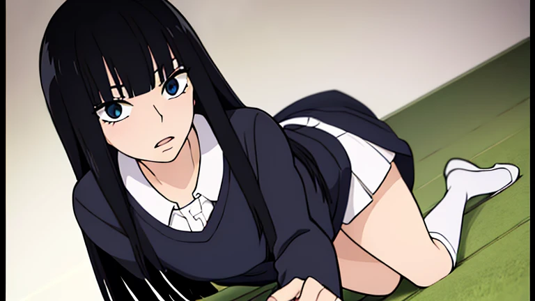 ((best quality)),((highly detailed)),masterpiece,absurdres,detailed face,beautiful face,((detailed eyes, deep eyes)),((dynamic pose)), sawako, 1femboy, girly, otokonoko, transgender, femboy, black hair, solo, long hair, bangs, black eyes, blunt bangs, open mouth, hime cut, white t-shirt, black miniskirt, white socks, black shoes, full body, femboy, transgender, otokonoko, sexy