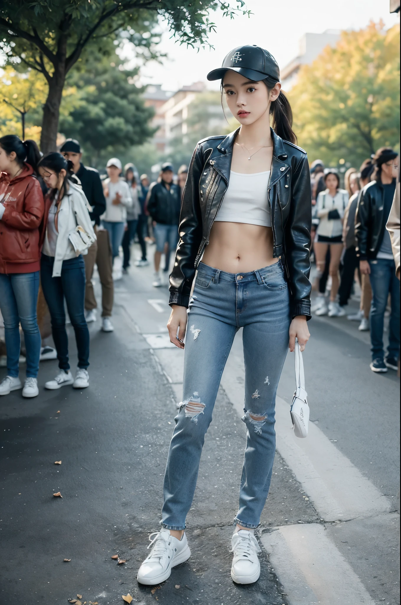 (((best quality))),(((ultra detailed))),(((masterpiece))),illustration,((1 beautiful girl,solo)),((slim,thin)),((small breasts,flat chest)),fashionable,(short ponytail:1.2),(white baseball cap:1.3),(black leather jacket:1.3),(navel:1.2),(tight jeans:1.3),(white sneakers:1.2),(slender legs:1.2),(standing:1.3),(arms behind back:1.3),waiting,contemplative gaze, serene dusk atmosphere, school gate, modern architecture, overcast sky,(surrounded by crowded crowds:1.5),solitary trees, warm ambiance, adolescent innocence, campus life,(early autumn:1.3),((from front,full body))