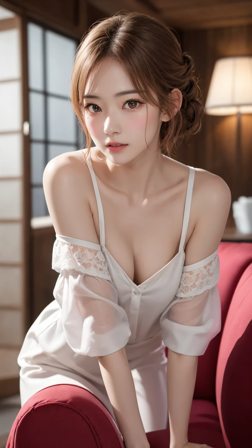 (1 slim 2 Emma Watson,Large Breasts,Feminine,Symmetrical eyes),rest,(want me to kiss,pleasure,happiness,she likes me),(Smile, Half Body) ,8k,actual photo style,Photo realism, actual, Surrealism,Best image quality, High resolution, best quality,cinematic, intricate details,Ultra-fine details, Real light and shadow,shots from movies, Professional color correction,sharp focus, film grain,high dynamic range, charm, Finest skin texture, Topknot,