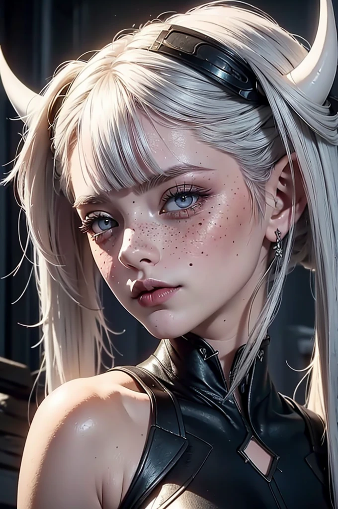 a close up of a female, calm expression, pastel goth, portrait, big elf girl with freckles, light grey eyes, pointy ears, freckles, many freckles on face, white horns, dark aesthetic, unreal 5. rpg portrait, 8k portrait render, unreal engine 5, beautiful female elf, unreal engine character art, female character, female lead character, there is a woman in a black leather outfit posing for a picture, gorgeous goddess