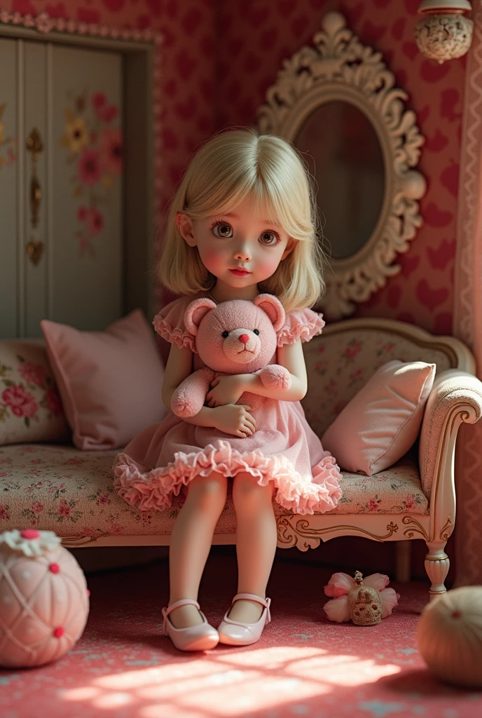 a toddler queen of hearts,girl in a cradle,in a bedroom,beautiful detailed eyes,extremely detailed face,long eyelashes,porcelain skin,pink dress,hearts pattern,glowing light,soft lighting,beautiful interior,ornate decor,dreamlike quality,(best quality,8k,highres,masterpiece:1.2),ultra-detailed,(realistic,photorealistic,photo-realistic:1.37),vibrant colors,warm color palette,chiaroscuro lighting