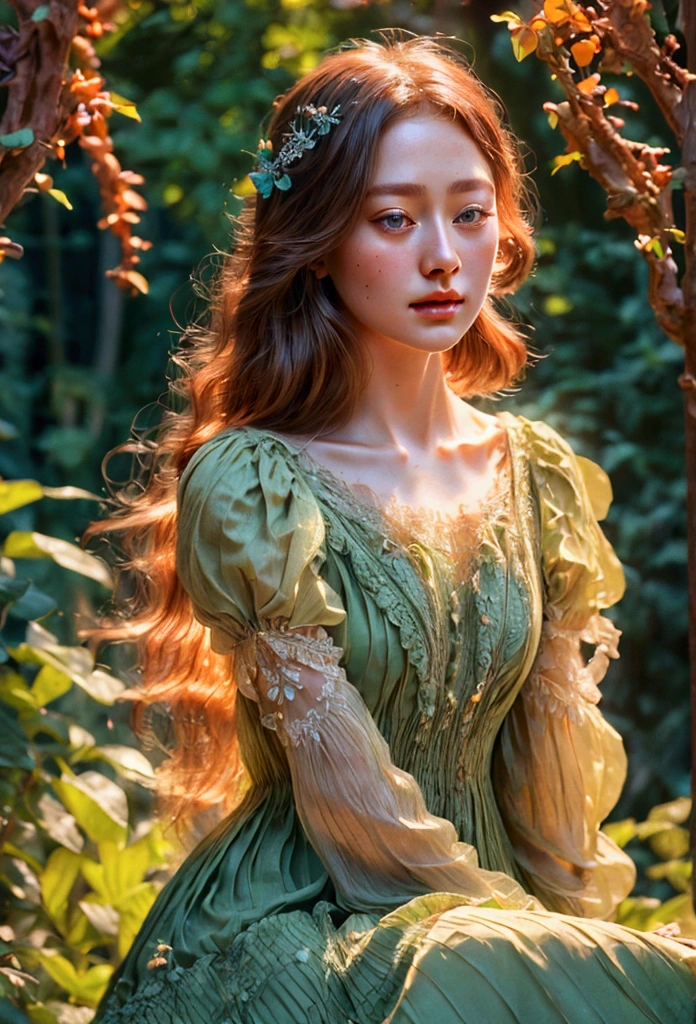 a detailed portrait of a young girl in a green dress, simple and elegant style, with butterfly hearts and pleated lace, edwardian lace dress, (best quality, 4k, 8k, highres, masterpiece:1.2), ultra-detailed, (realistic, photorealistic, photo-realistic:1.37), detailed eyes, detailed lips, extremely detailed face, long eyelashes, beautiful dress, elegant pose, sunlit garden background, warm color tones, soft lighting