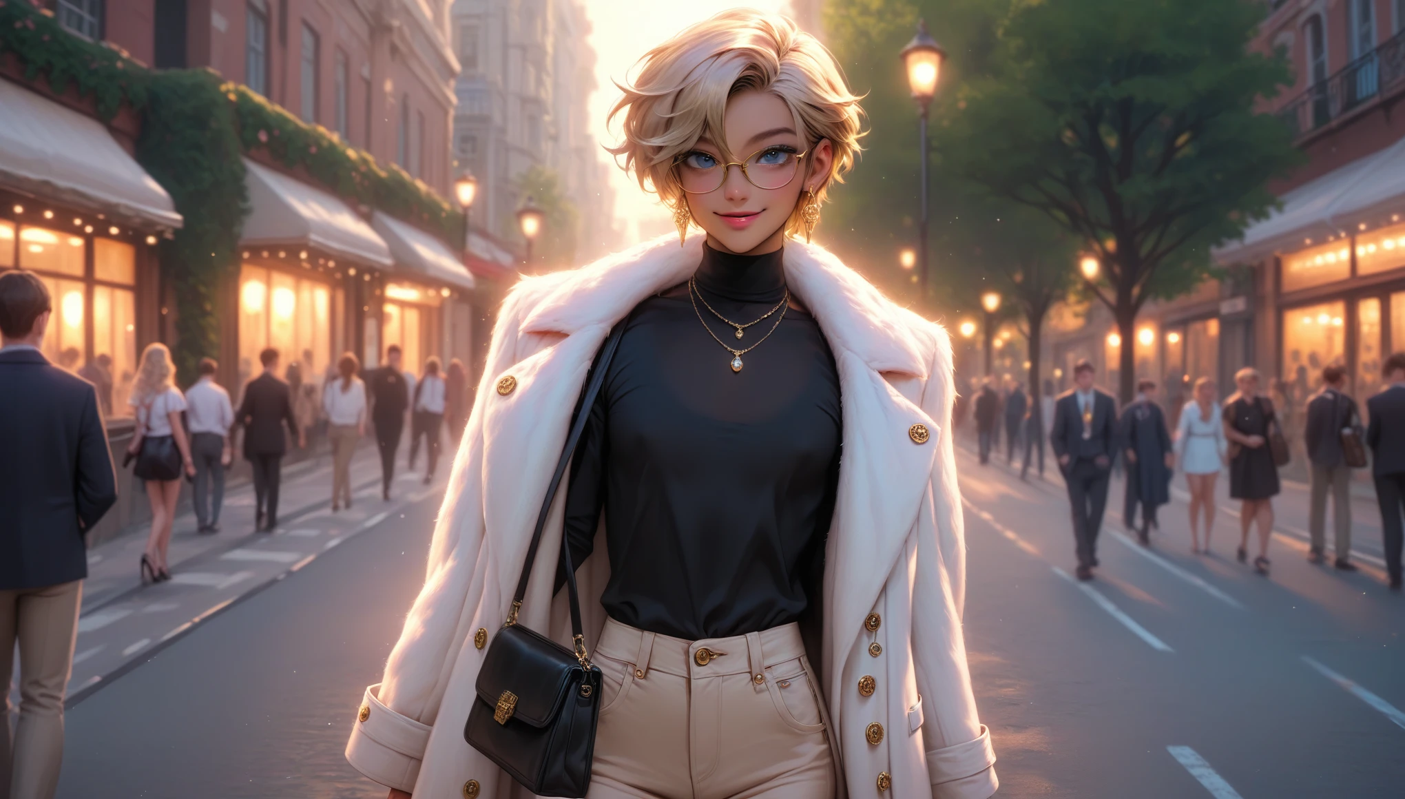  hyperrealistic, detailed face, intricate details, dramatic lighting, cinematic composition, photorealistic, 8K, incredibly detailed, professional photography, vivid colors, seamless blend of realism and fantasy, 
 toned femboy, slim, male, feminine touch, blond open hair, blue eyes tanned, slight tan lines, lipgloss, happy, smiling, flat chest, seductive, soft, white chanel bag, purse, 
 golden earrings, glasses, white and fluffy fur coat, black shirt, beige trousers,
 looking at parfum bottles, perfumery, boutique bright lighting, background people, 