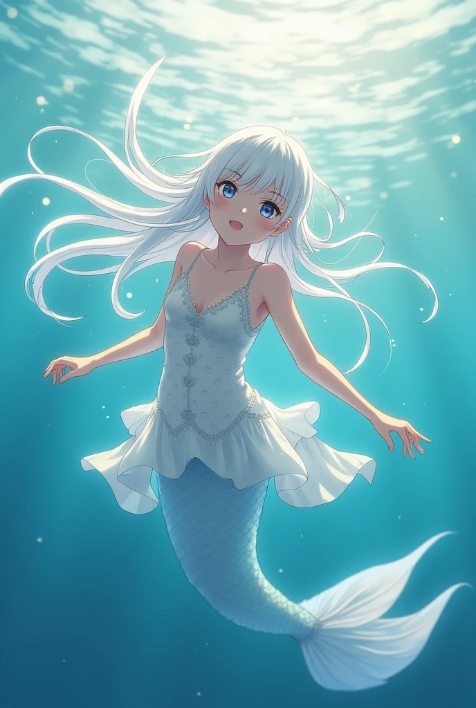 girl floating underwater, she looks at the water surface, White hair, side perspective,