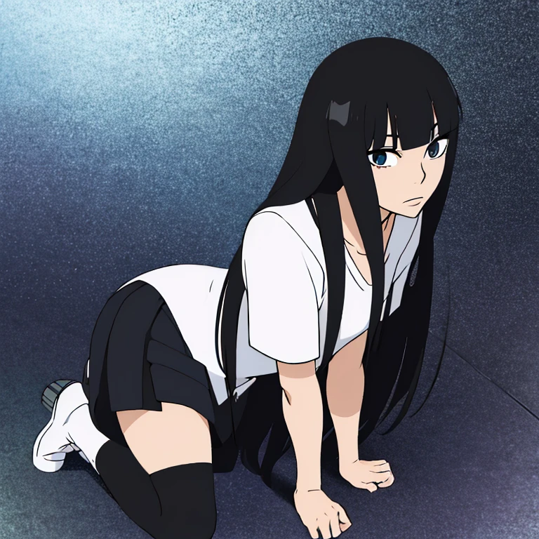 ((best quality)),((highly detailed)),masterpiece,absurdres,detailed face,beautiful face,((detailed eyes, deep eyes)),((dynamic pose)), sawako, 1femboy, girly, otokonoko, transgender, femboy, black hair, solo, long hair, bangs, black eyes, blunt bangs, open mouth, hime cut, white t-shirt, black miniskirt, white socks, black shoes, full body, femboy, transgender, otokonoko, sexy