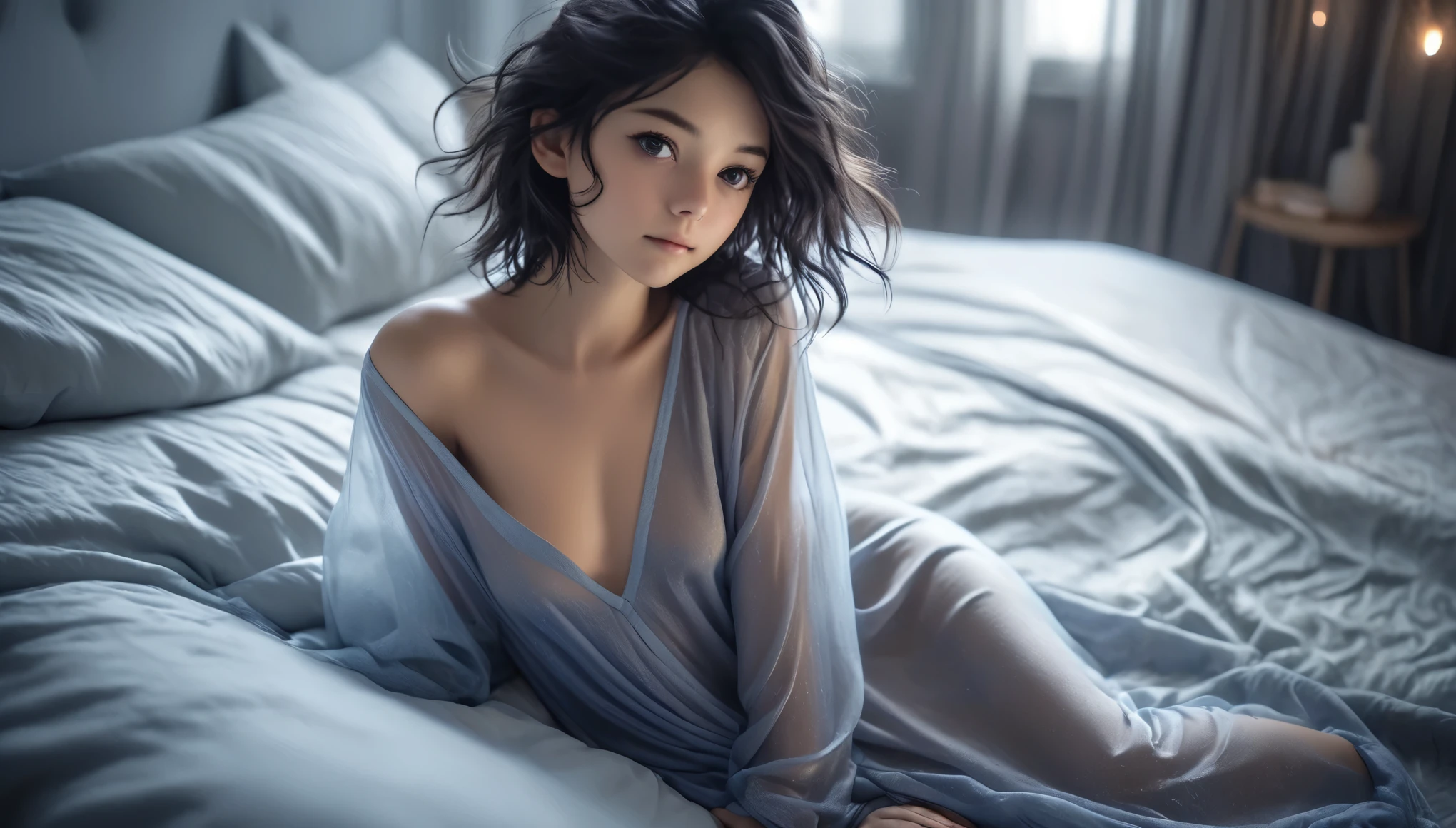 Top Quality, Masterpiece, High Resolution, 8k, (photorealistic:1.4), full body, (cute girl in oversized thin silky see-through nightgown with plunging cleavage:1.2), beautiful girl, barely legal, (small perky breasts:1.2), black pixie asymmetrical hair, half-closed eyes, pout, small mole over the lip, shy, in a spaceship next to a bed with puffer bedlinen, ambient light, pov, atmospheric perspective, Futurism, backlighting, from side, 35mm