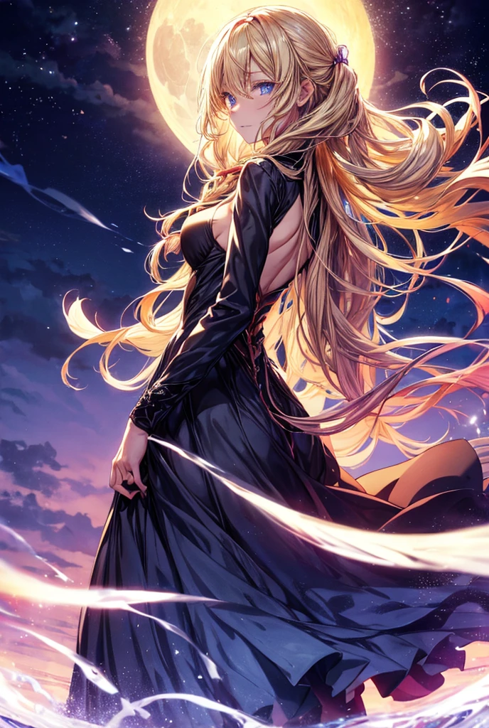 anime, woman, witch, standing, evil smiling, looking away, looking back, semi long, low twintails, wavy hair, blonde, gradient hair, blue eyes, with sparkling eyes, shiny skin, slender, adult, with a castle, with a full moon, at midnight, cowboy shot, back shot, low angle shot, cowboy shot, moonlight