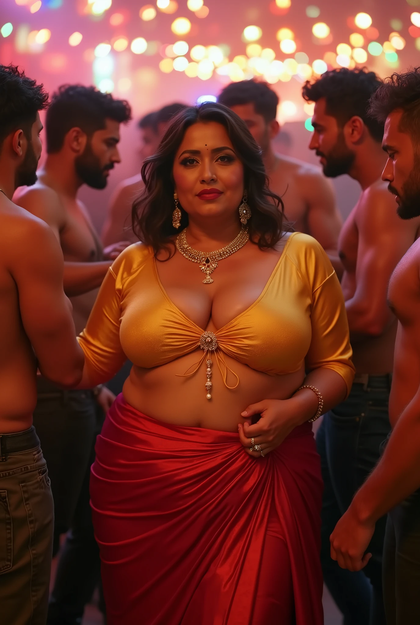 A radiant, full-figured South Indian 25 year old bride wearing a gray colour silk party lehanga (breasts  and belly button visible) tenderly hugging  a jubilant 55-year-old man while in party hall, captured in a full-body image with vibrant hues and meticulous details. Belly button visible . Full body image