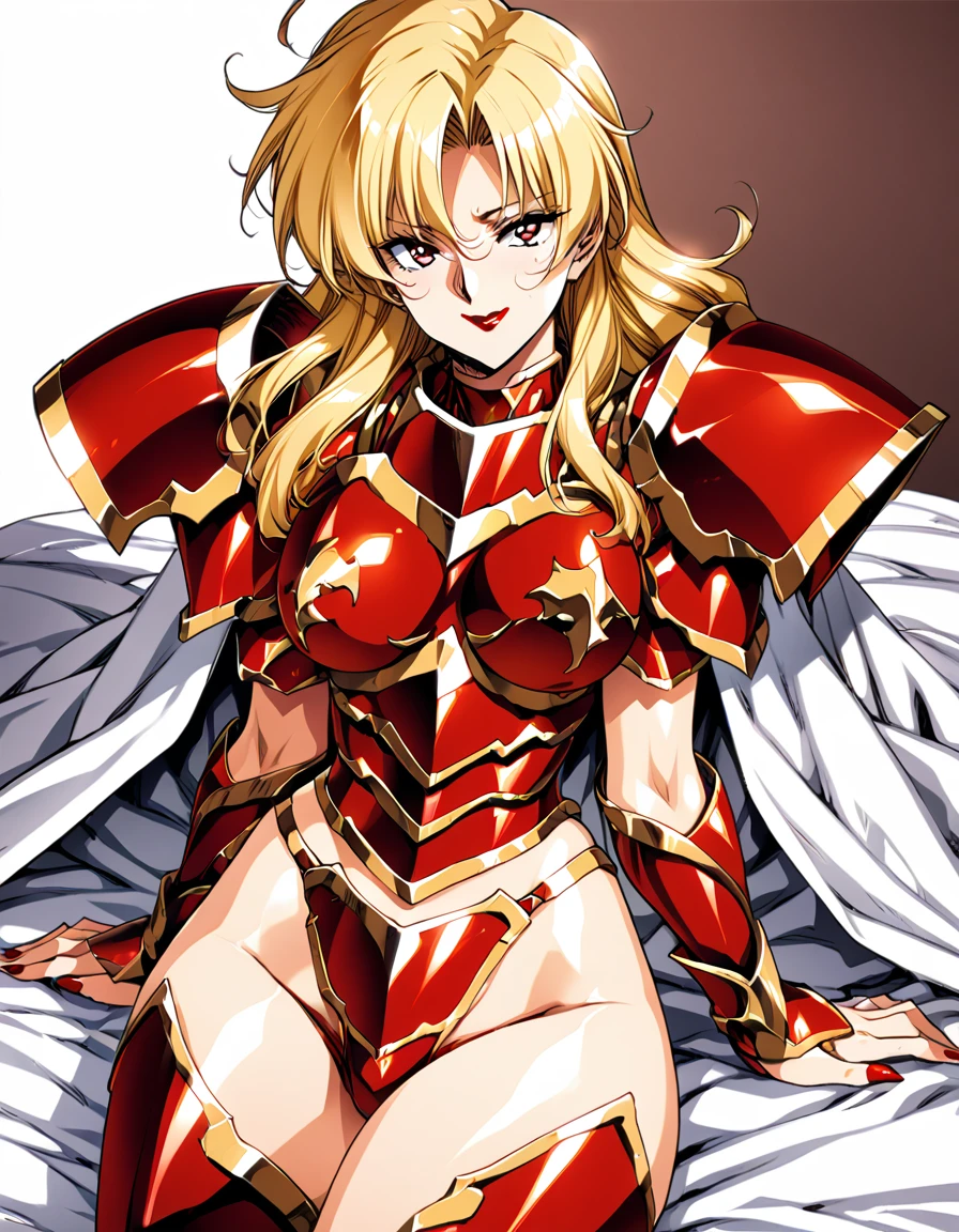 {masterpiece},{best quality}, {very aesthetic}, {ultra-detailed}, {best illustration},{ultra-detailed face}full body,1woman,40 years old, curvy mature sexy female,upturned eyes,a knight red armor woman,red bottom armor,red leg armor,silver cloak,gallants,gold hair,wrinkles around the eyes,elegant, dark red lipstick,nail polish,seductive smile,2arms,detailed 5fingers,2legs,detailed 5toes,