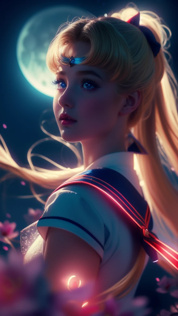 a beautiful sailor moon, detailed facial features, piercing blue eyes, rosy lips, long eyelashes, blonde pigtails hair , sailor blue uniform with a red bow, portrait in a magical fantasy landscape, colorful flowers, glowing moon in the night sky, dramatic lighting, cinematic composition, high quality, 8k, intricate details, vibrant colors, digital art, concept art style