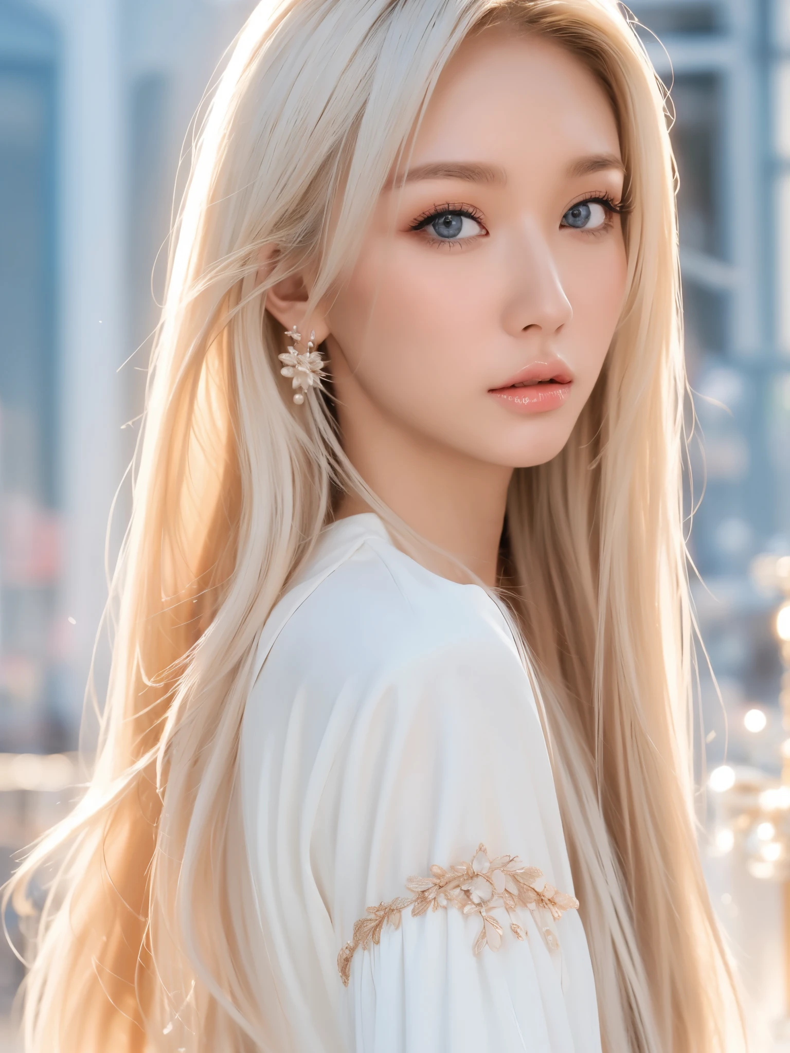 Best Quality, masterpiece, Ultra-high resolution, (photoRealistic:1.2), RAW Photos, 1 female, Long, straight hair, Realistic, assembly, Platinum Blonde Hair, White Dress,Blurred Background