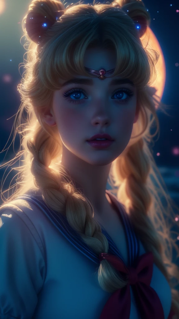 a beautiful sailor moon, detailed facial features, piercing blue eyes, rosy lips, long eyelashes, blonde two pigtails hair , sailor blue uniform with a red bow, portrait in a magical fantasy landscape, colorful flowers, glowing moon in the night sky, dramatic lighting, cinematic composition, high quality, 8k, intricate details, vibrant colors, digital art, concept art style