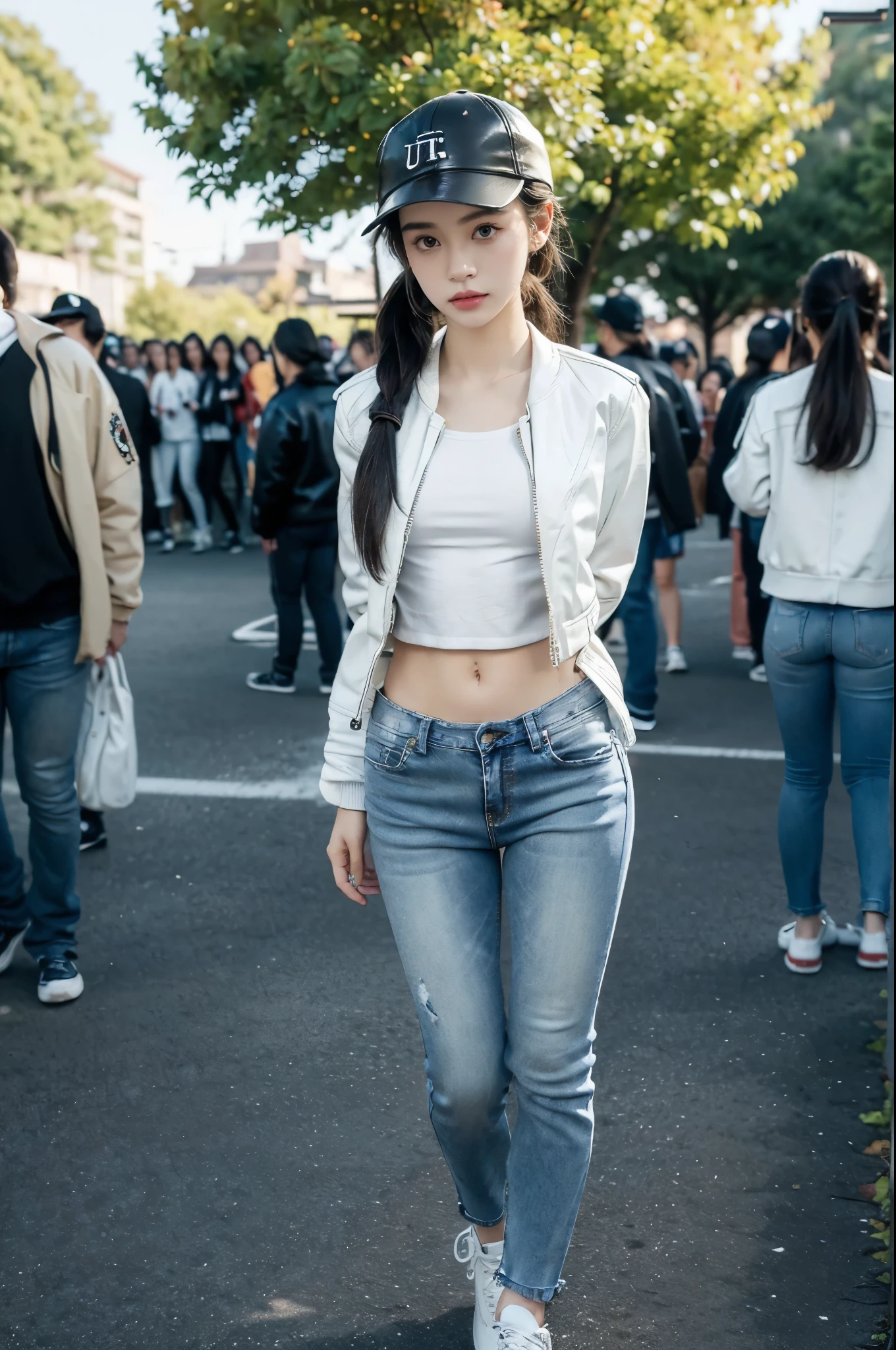 (((best quality))),(((ultra detailed))),(((masterpiece))),illustration,((1 beautiful girl,solo)),((slim,thin)),((small breasts,flat chest)),fashionable,(short ponytail:1.2),(white baseball cap:1.3),(black leather jacket:1.3),(navel:1.2),(tight jeans:1.3),(white sneakers:1.2),(slender legs:1.2),(standing:1.3),(arms behind back:1.3),waiting,contemplative gaze, serene dusk atmosphere, school gate, modern architecture, overcast sky,(surrounded by crowded crowds:1.5),solitary trees, warm ambiance, adolescent innocence, campus life,(early autumn:1.3),((from front,full body))