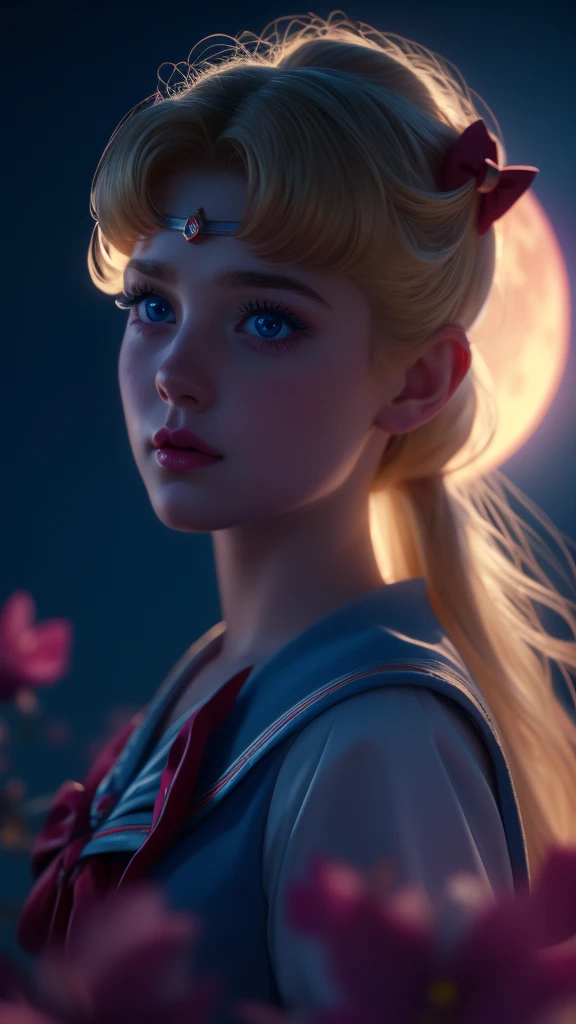 a beautiful sailor moon, detailed facial features, piercing blue eyes, rosy lips, long eyelashes, blonde two pigtails hair , sailor blue uniform with a red bow, portrait in a magical fantasy landscape, colorful flowers, glowing moon in the night sky, dramatic lighting, cinematic composition, high quality, 8k, intricate details, vibrant colors, digital art, concept art style