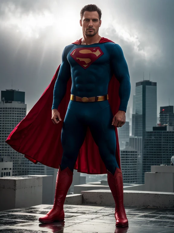 1man, A full body shot of a charismatic male fitness model, 30 years old，small beard, Sexy and charming expression，gloomy eyes，Blue eyes, captured in hero pose on city rooftop edge, Dark clouds lightning background, wetclothes, dressed in tight blue Superman suit, a red cape falls behind his shoulders, and he wears red boots, soft natural lighting, cinematic and moody, (best quality,4k,8k,highres,masterpiece:1.2),ultra-detailed,(realistic,photorealistic,photo-realistic:1.37),HDR,studio lighting,professional,vivid colors,dramatic lighting