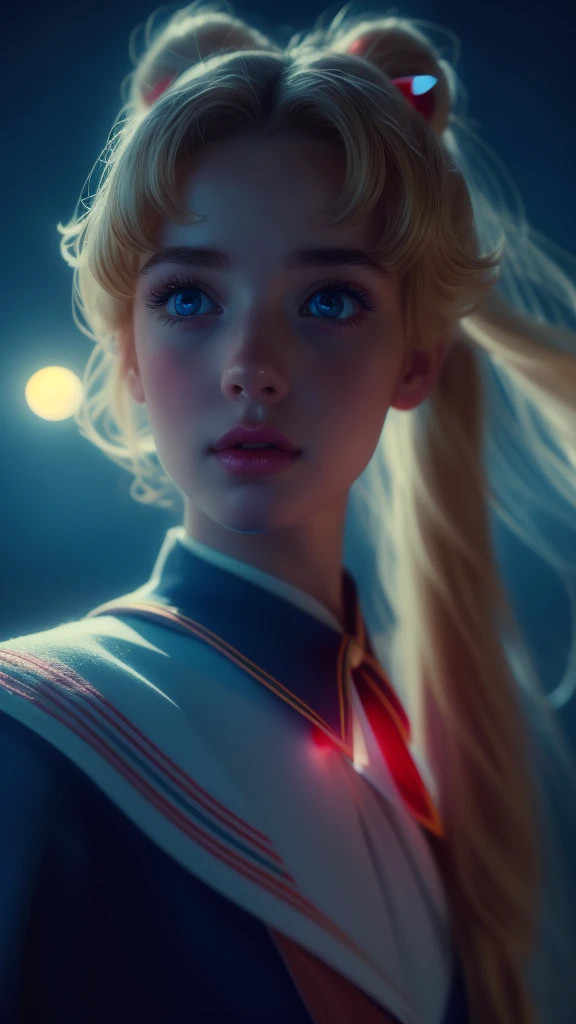 a beautiful sailor moon, detailed facial features, piercing blue eyes, rosy lips, long eyelashes, blonde two pigtails hair , sailor blue uniform with a red bow, portrait in a magical fantasy landscape, colorful flowers, glowing moon in the night sky, dramatic lighting, cinematic composition, high quality, 8k, intricate details, vibrant colors, digital art, concept art style